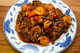 Chicken, Shrimp, Beef and Pork, Served with steamed rice